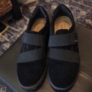 Clarks Casual Black Suede Slip on Shoes with Strap over instep Size 7 EUC